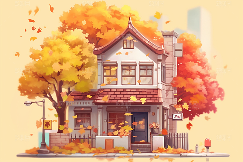 落叶小卖部暖色调小屋插画