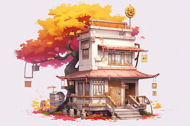 落叶小卖部秋季秋天插画