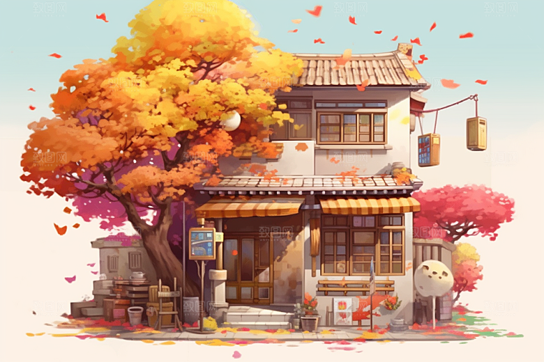 落叶小卖部温馨秋叶插画