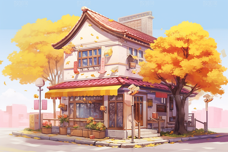 落叶小卖部暖色调温馨插画