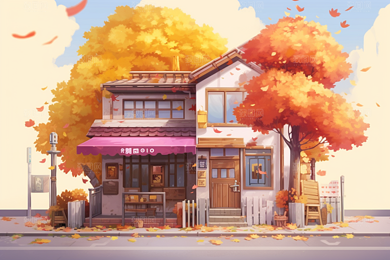 落叶小卖部暖色调小屋插画