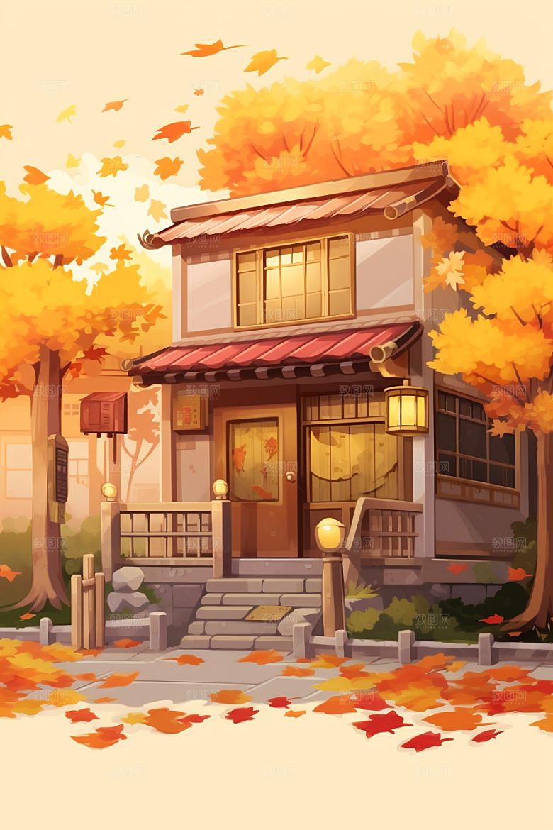 落叶小卖部小屋秋叶插画