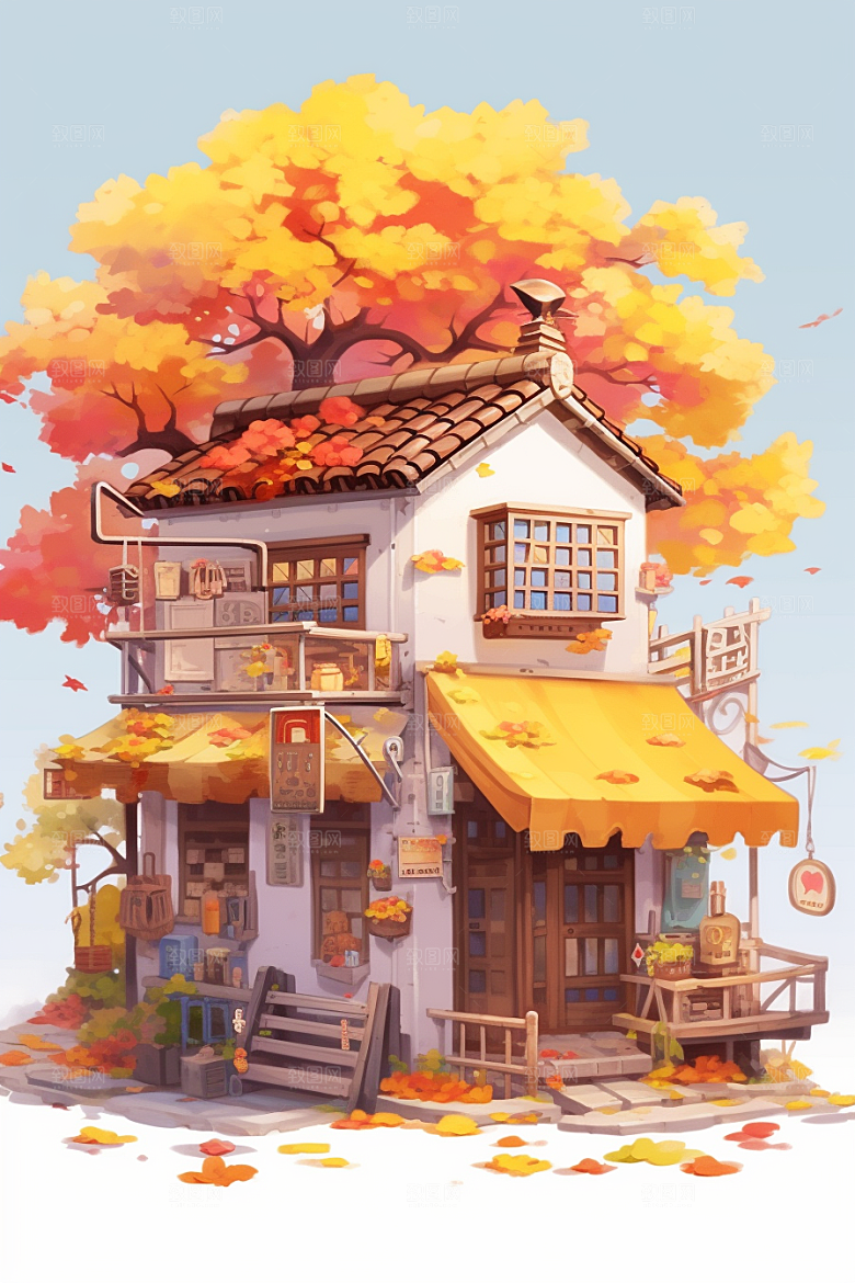 落叶小卖部暖色调秋叶插画