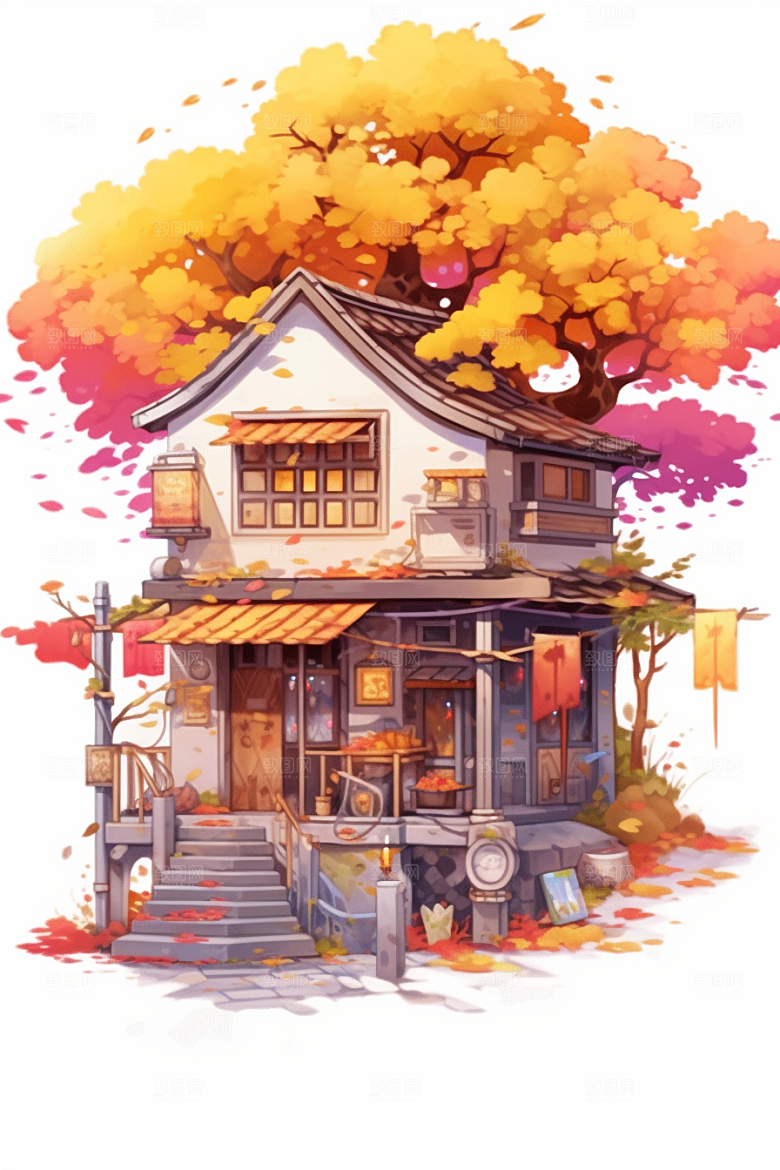 落叶小卖部暖色调小店插画