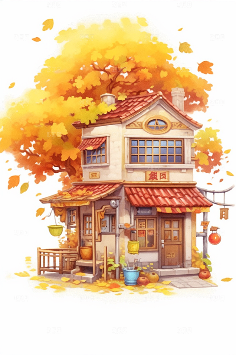 落叶小卖部秋叶温馨插画
