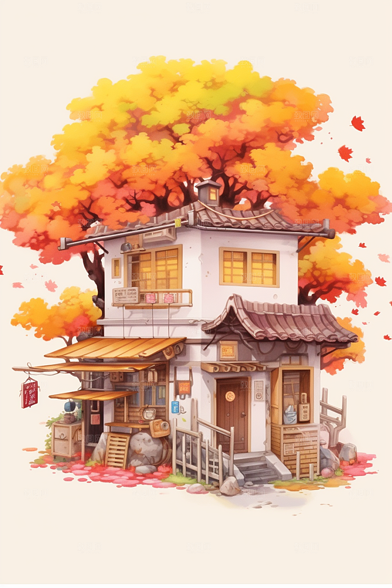 落叶小卖部暖色调秋叶插画