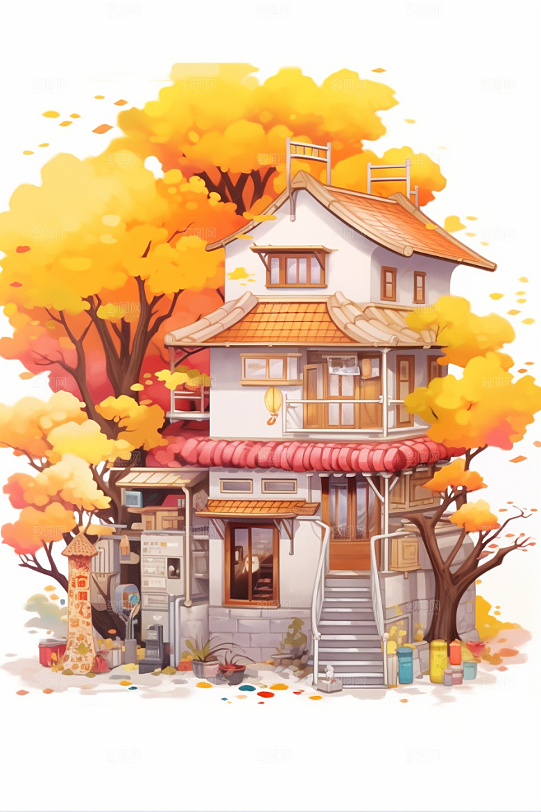 落叶小卖部温馨秋叶插画