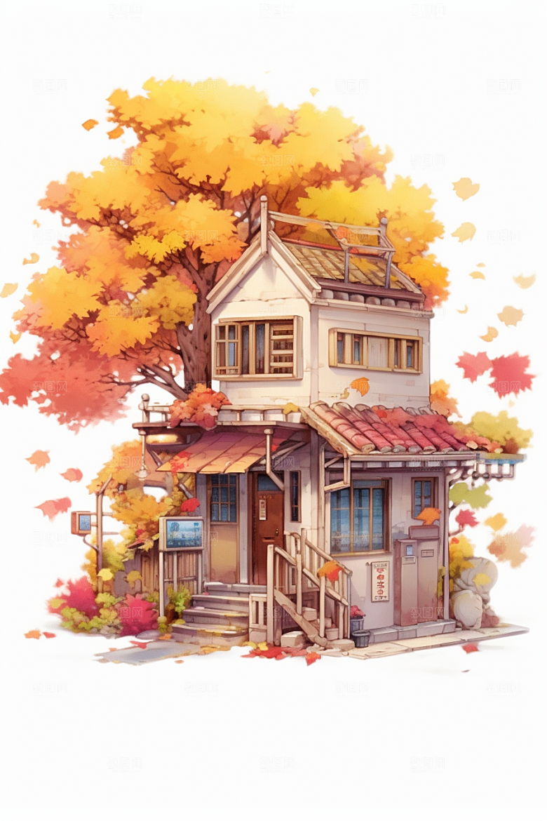落叶小卖部温馨小店插画