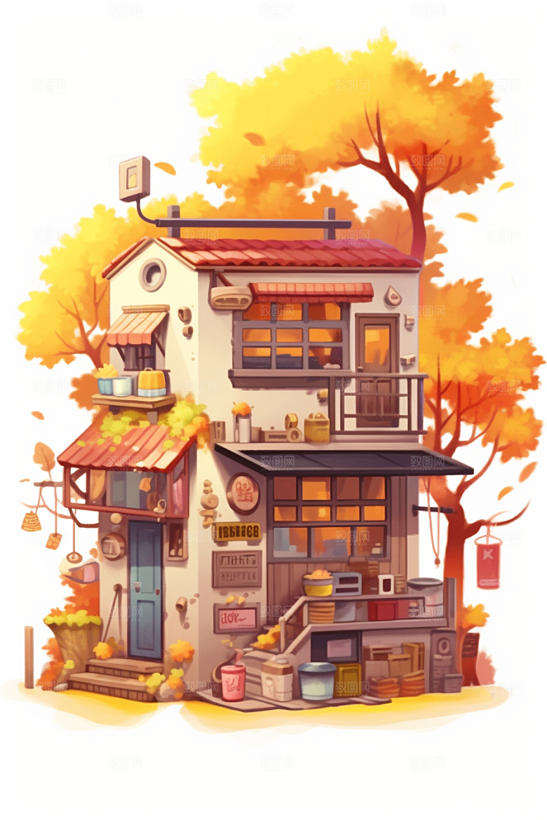 落叶小卖部小店小屋插画