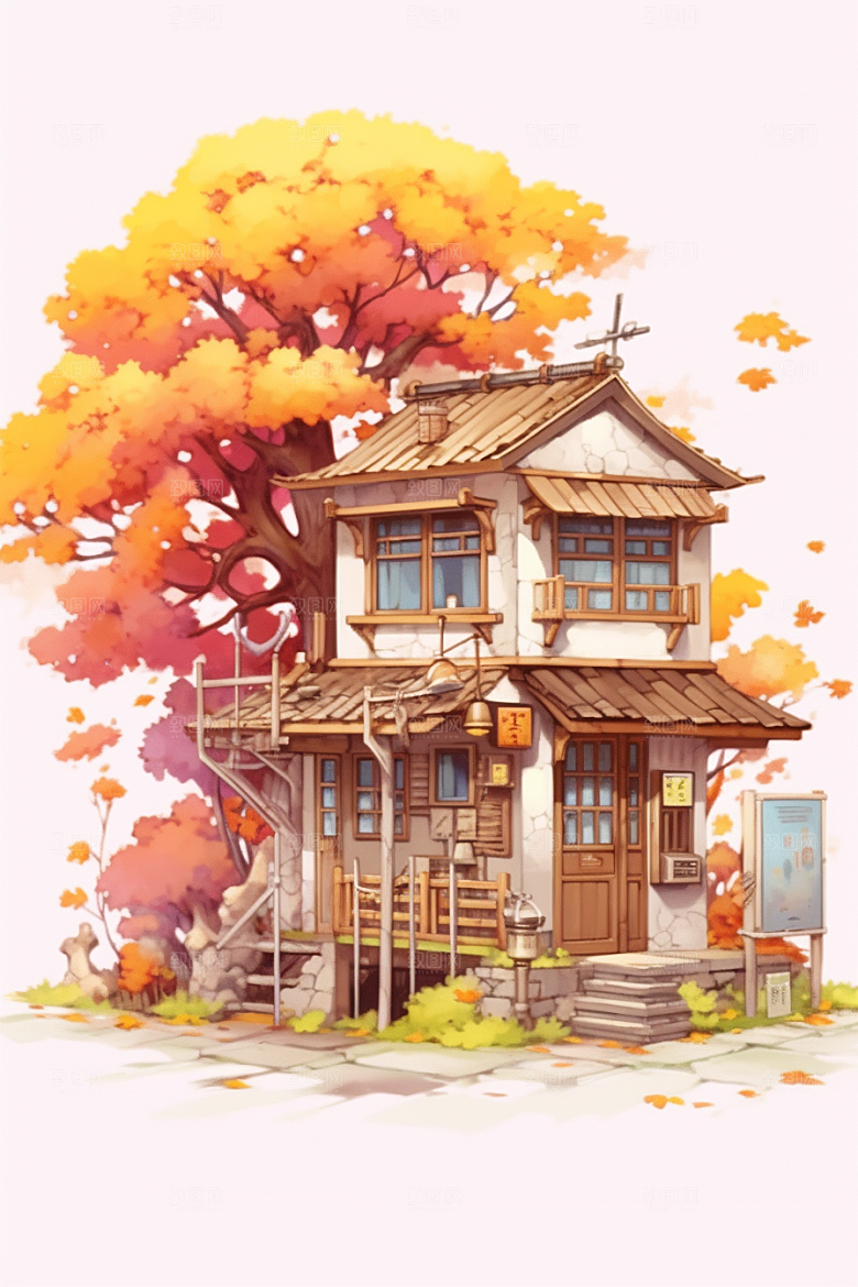 落叶小卖部小屋秋季插画
