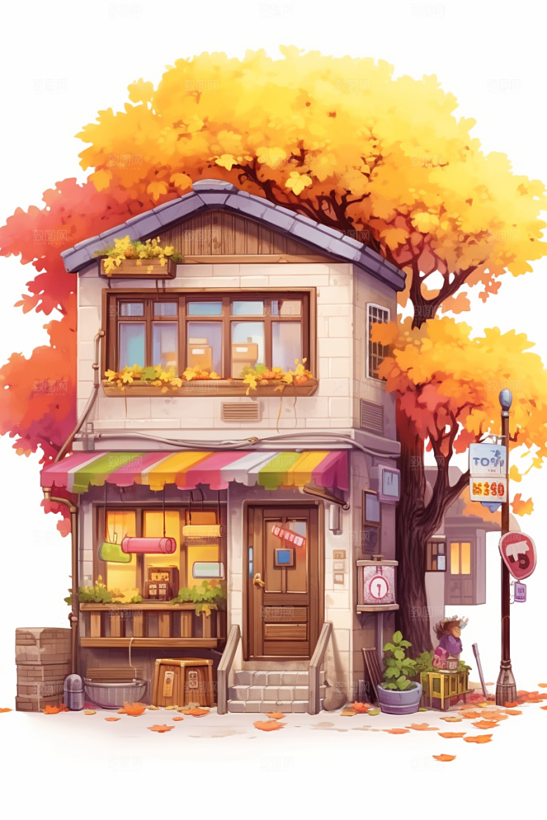 落叶小卖部温馨小店插画