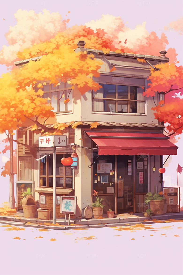 落叶小卖部小店小屋插画