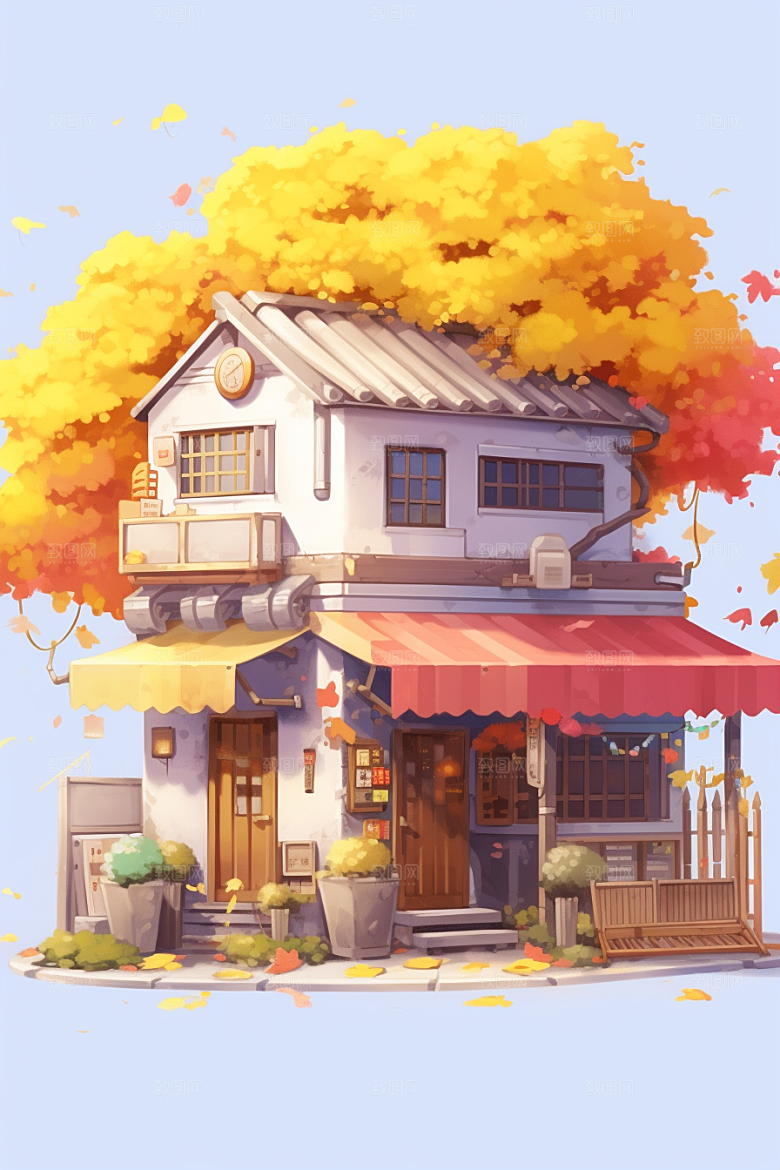 落叶小卖部秋叶暖色调插画