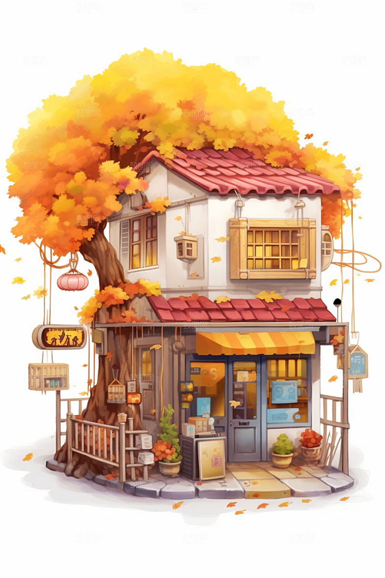 落叶小卖部秋季小店插画