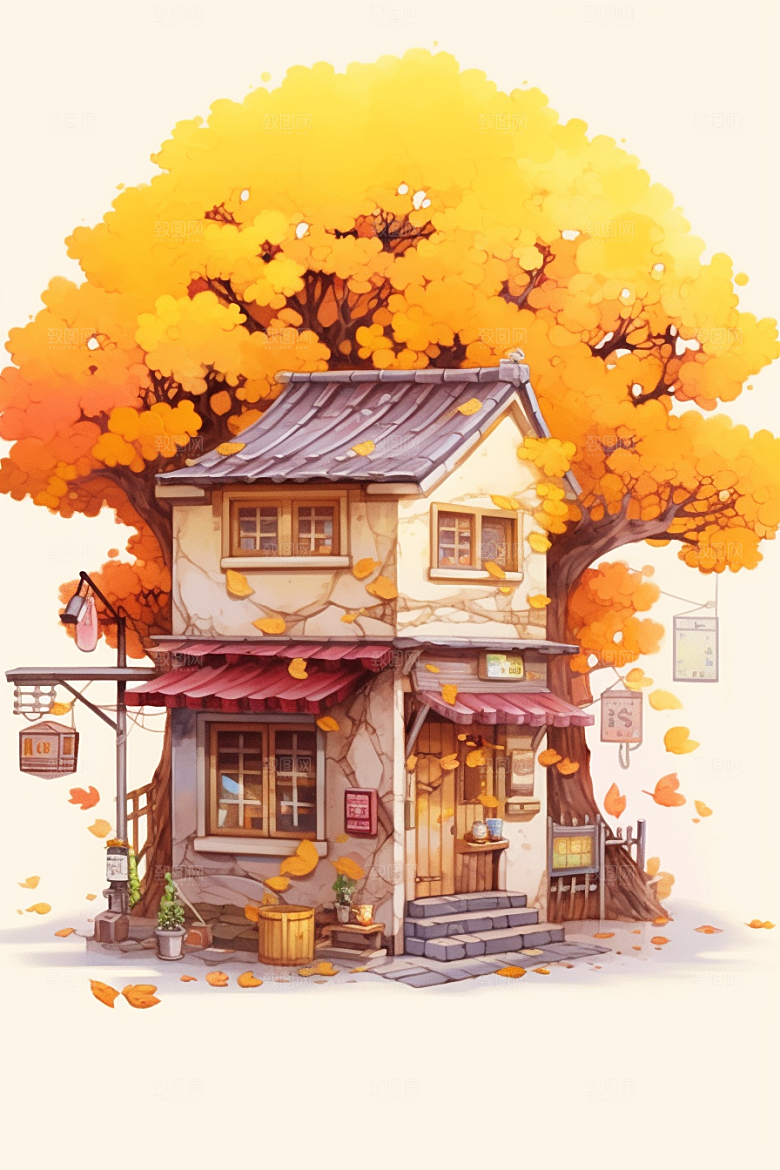 落叶小卖部秋季秋叶插画