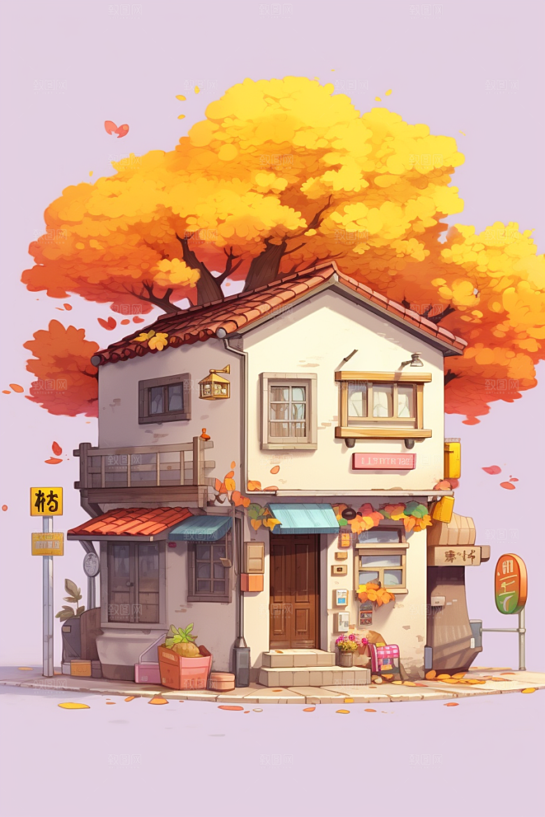 落叶小卖部秋叶小店插画