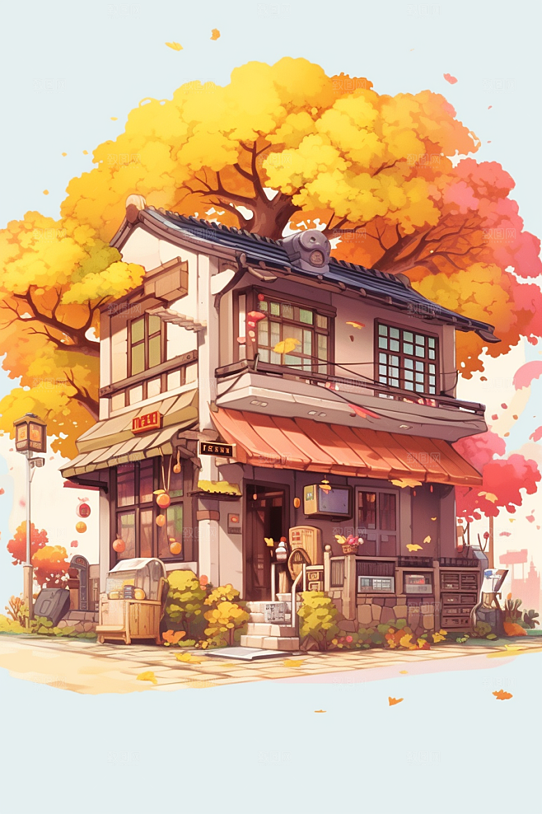 落叶小卖部暖色调温馨插画