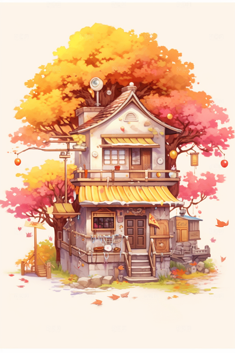 落叶小卖部秋叶小店插画