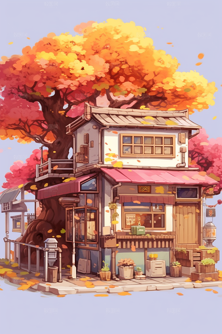 落叶小卖部小店秋天插画