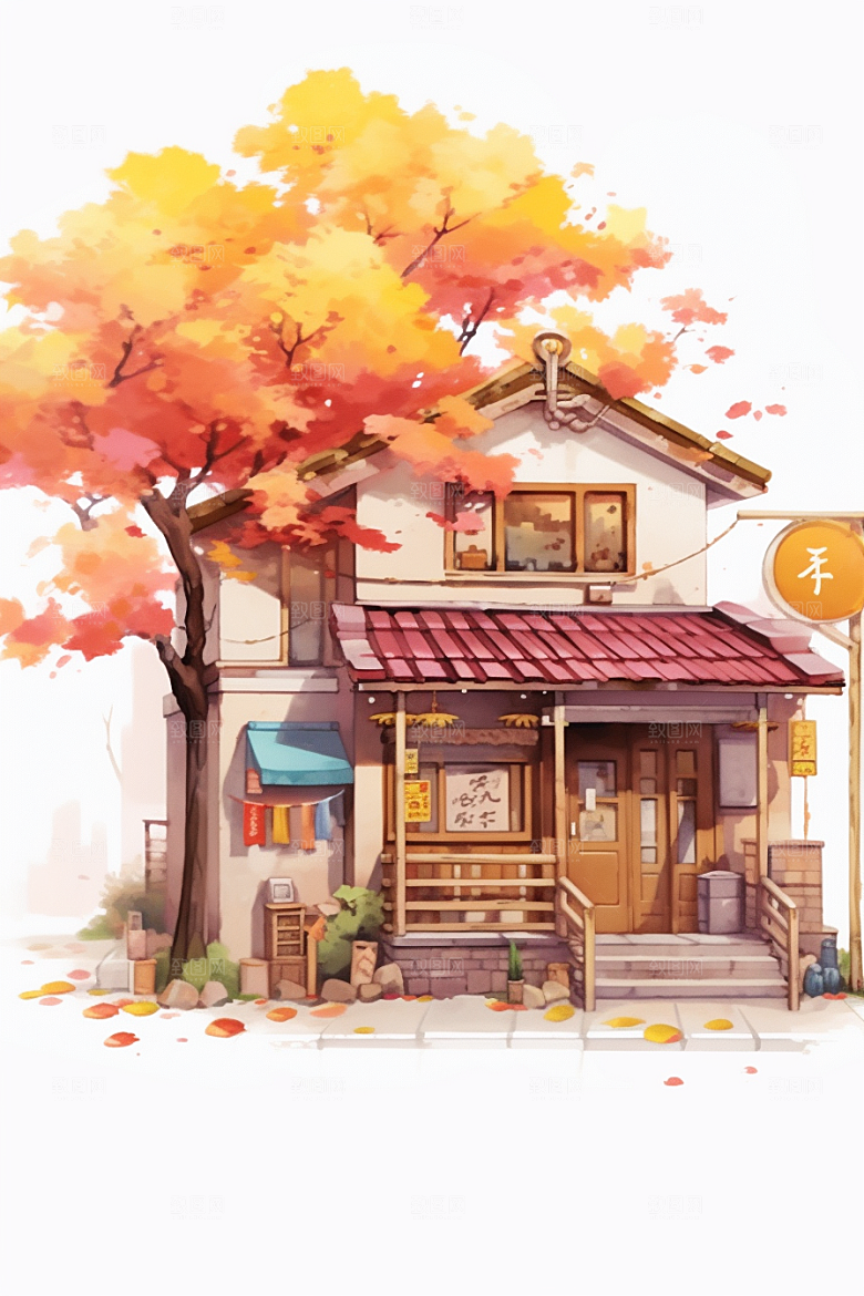 落叶小卖部秋季暖色调插画