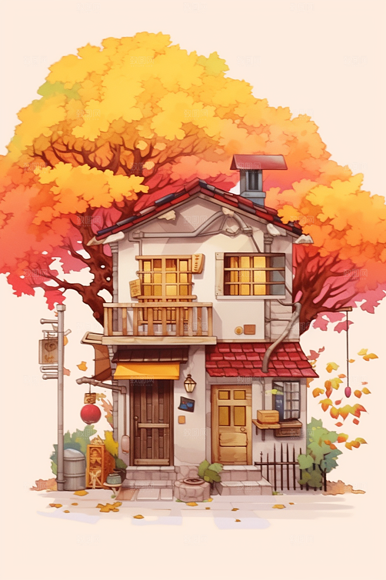 落叶小卖部暖色调秋天插画