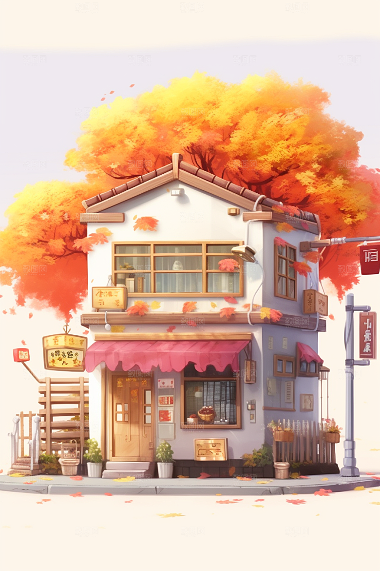 落叶小卖部小店秋叶插画