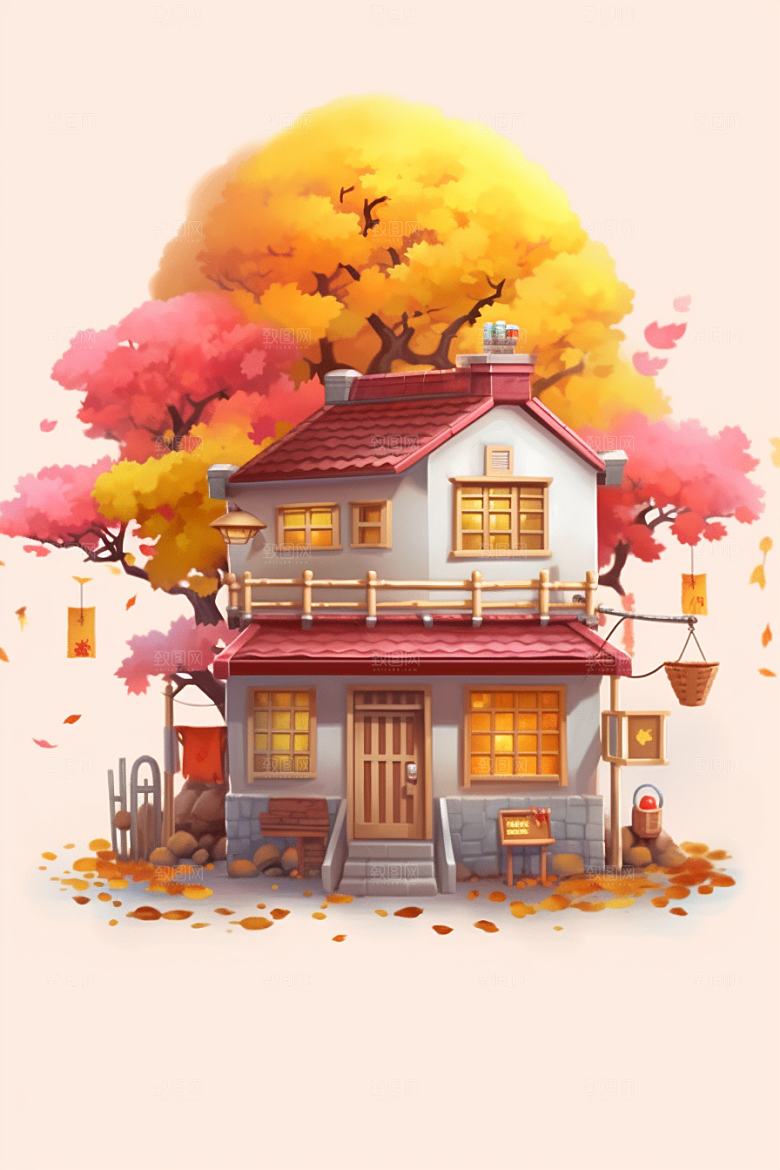 落叶小卖部小屋暖色调插画