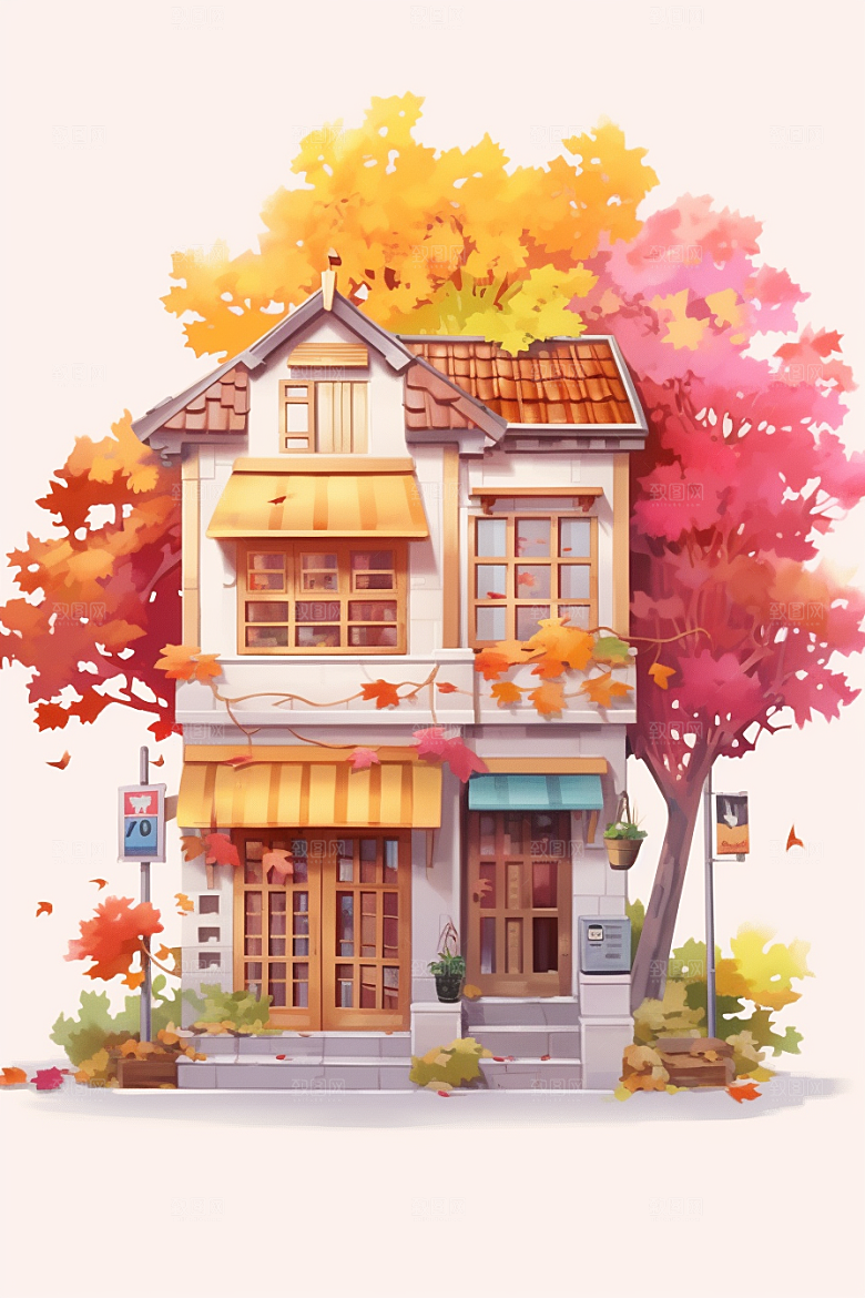 落叶小卖部秋天小店插画