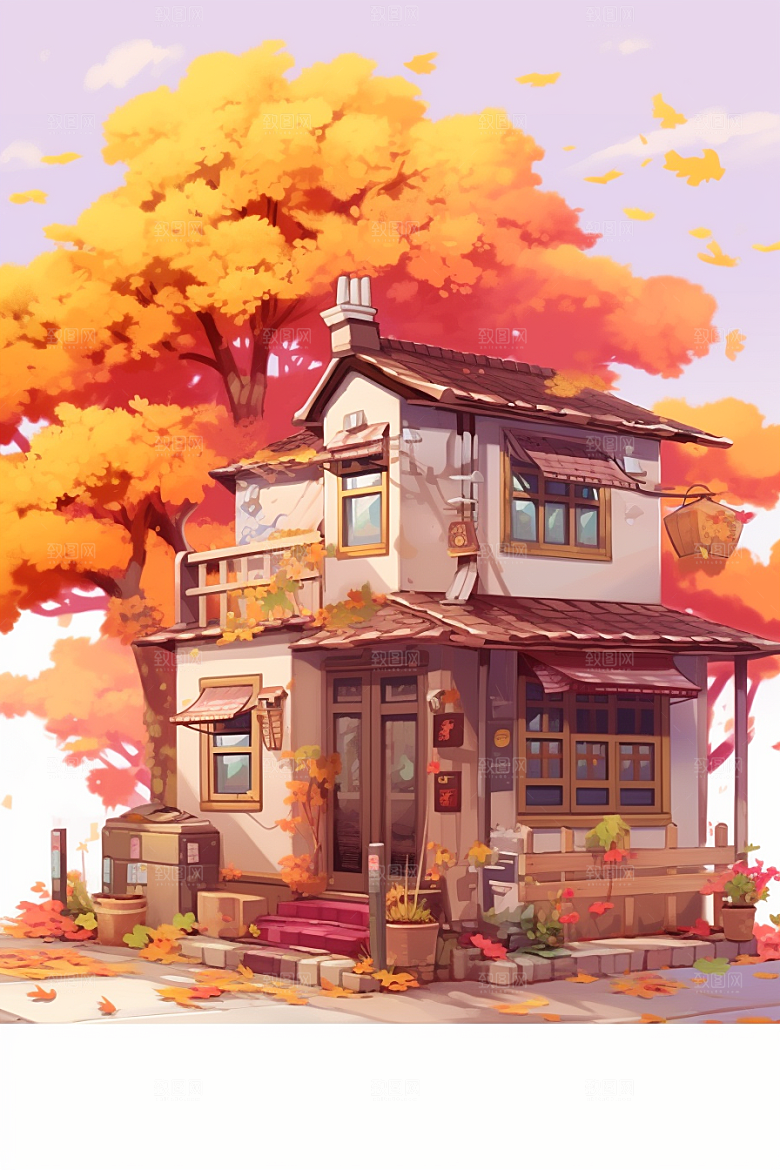 落叶小卖部暖色调小店插画
