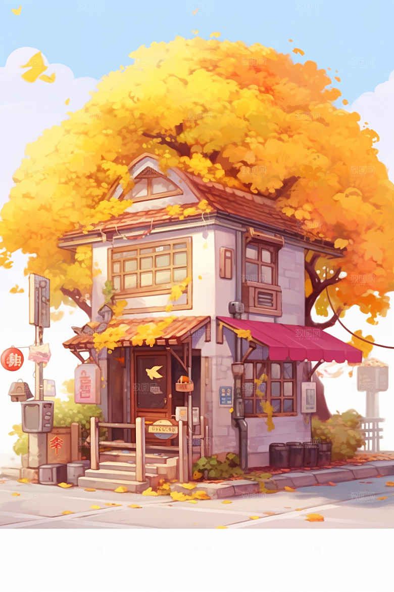 落叶小卖部温馨小屋插画
