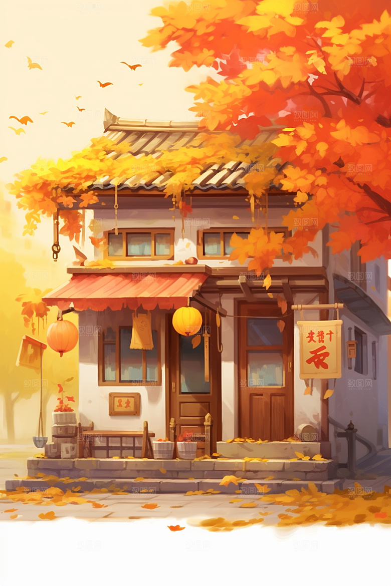 落叶小卖部暖色调小屋插画