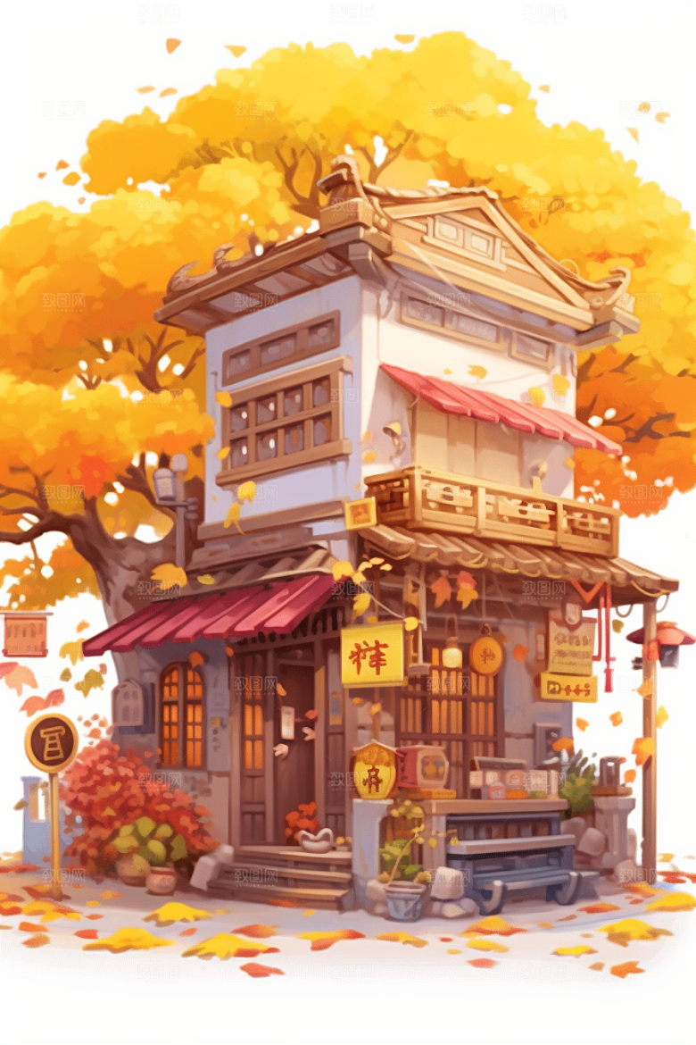 落叶小卖部秋叶秋天插画