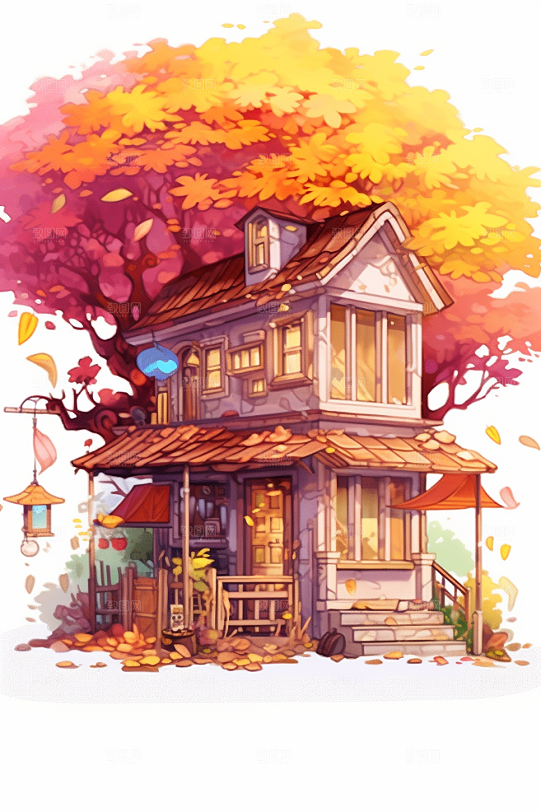 落叶小卖部暖色调小店插画