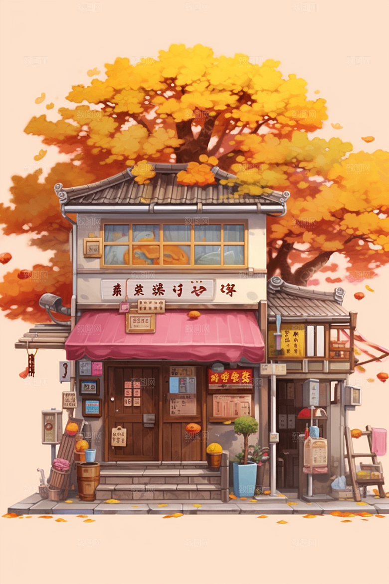 落叶小卖部小店秋叶插画