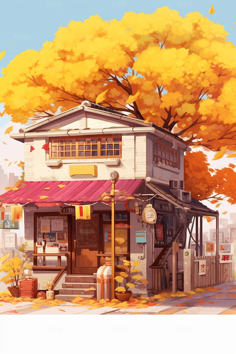落叶小卖部小店秋叶插画