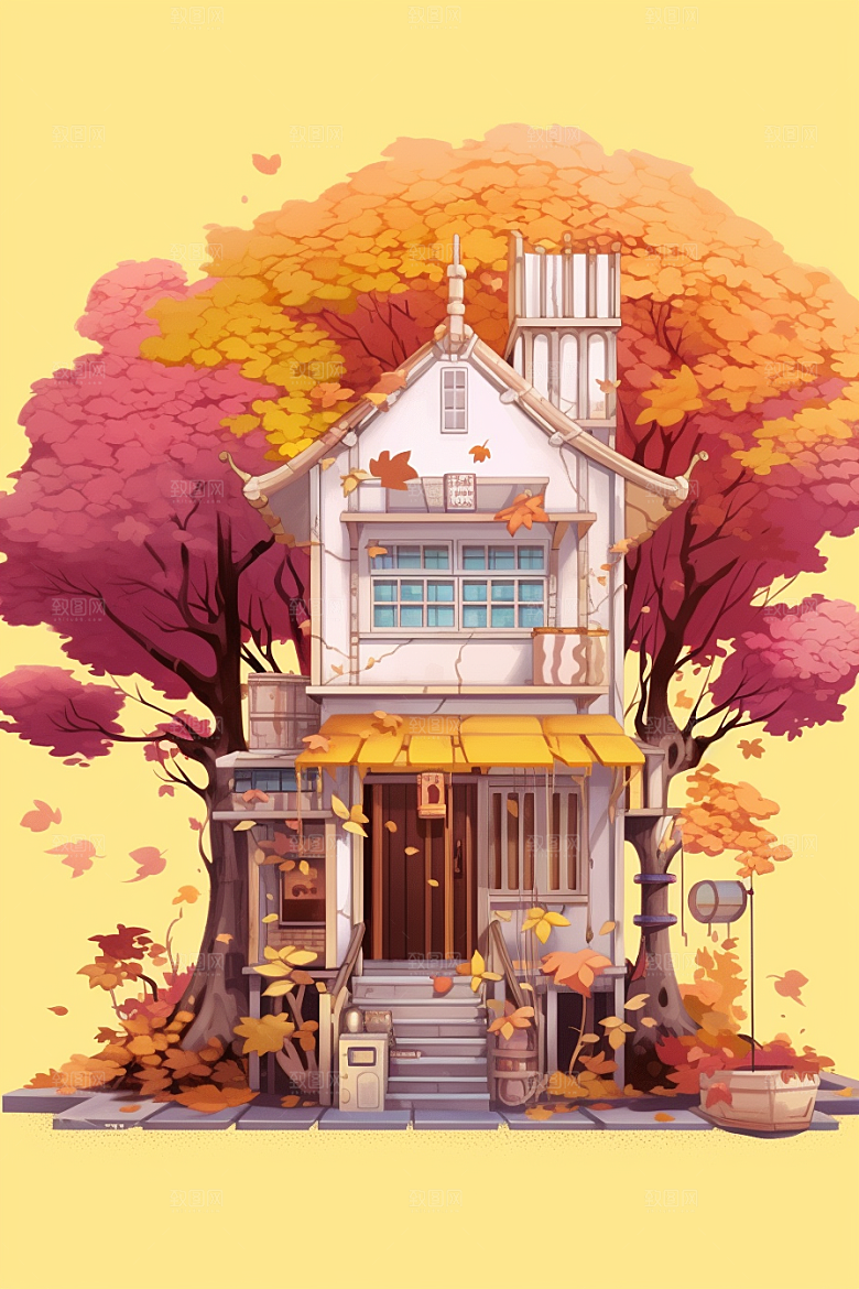 落叶小卖部小店温馨插画