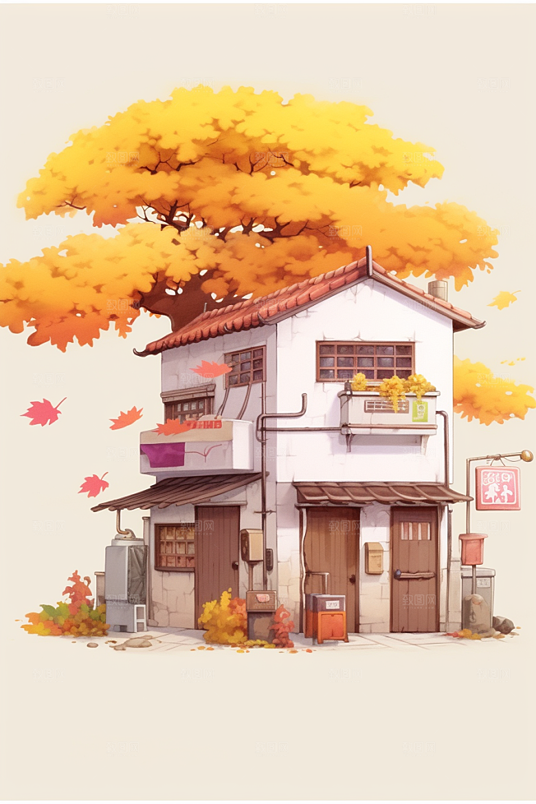 落叶小卖部小屋秋季插画