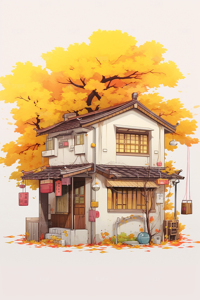 落叶小卖部秋叶小店插画