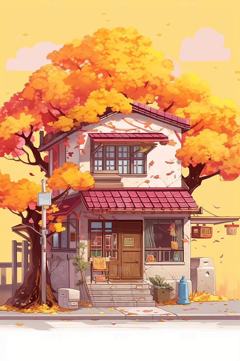 落叶小卖部暖色调秋叶插画