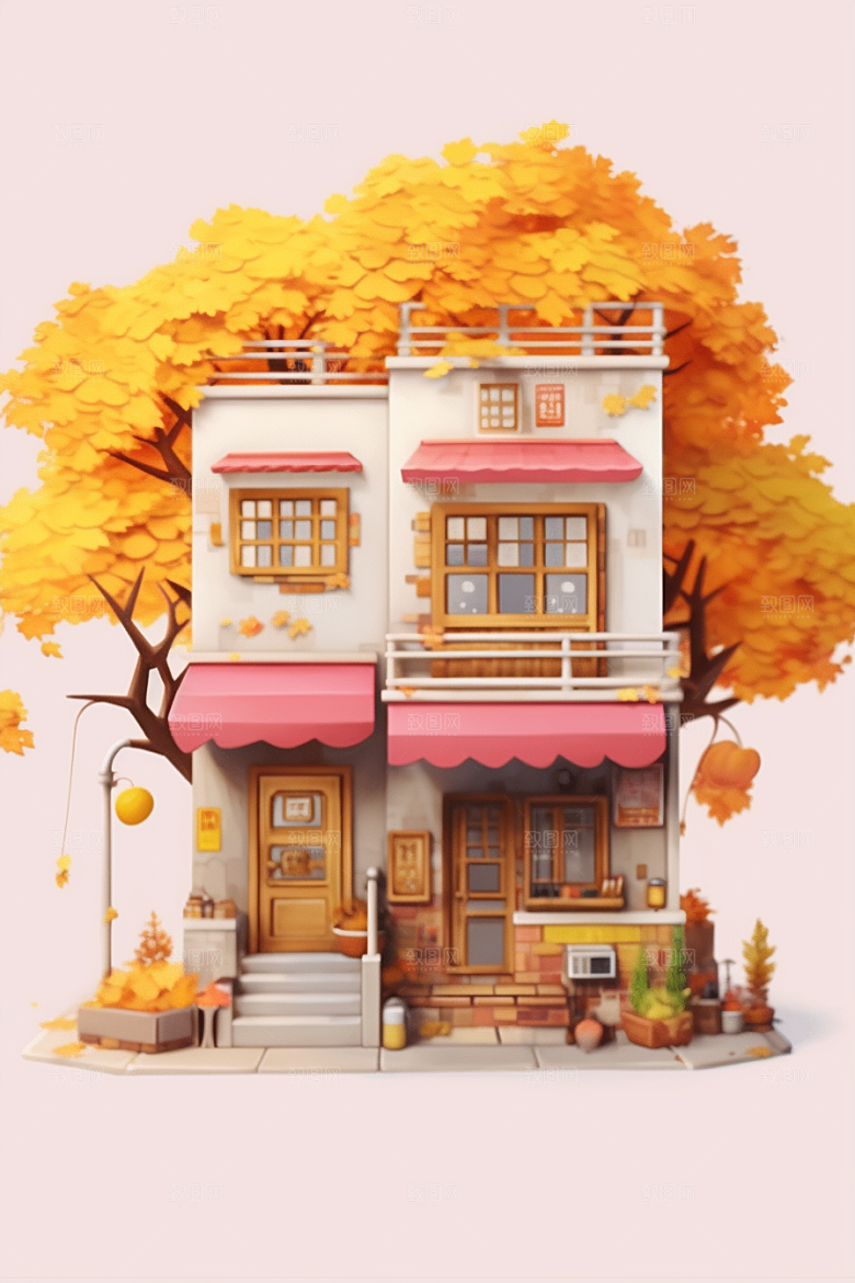 落叶小卖部暖色调小屋插画
