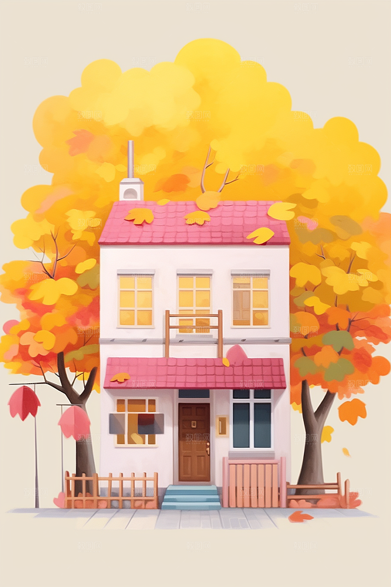 落叶小卖部秋叶小屋插画
