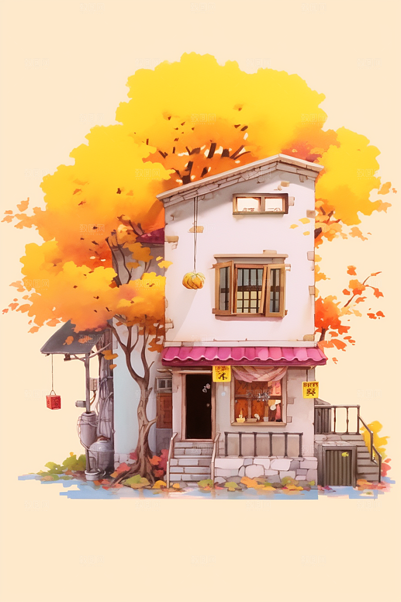 落叶小卖部暖色调秋叶插画