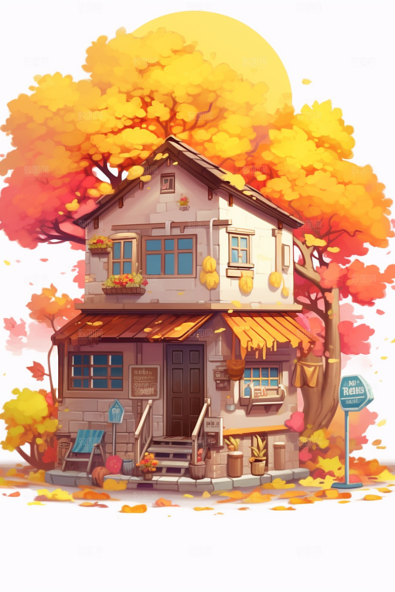 落叶小卖部小店秋叶插画