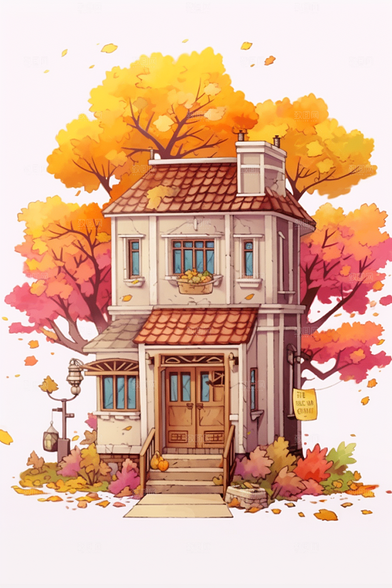 落叶小卖部温馨小屋插画
