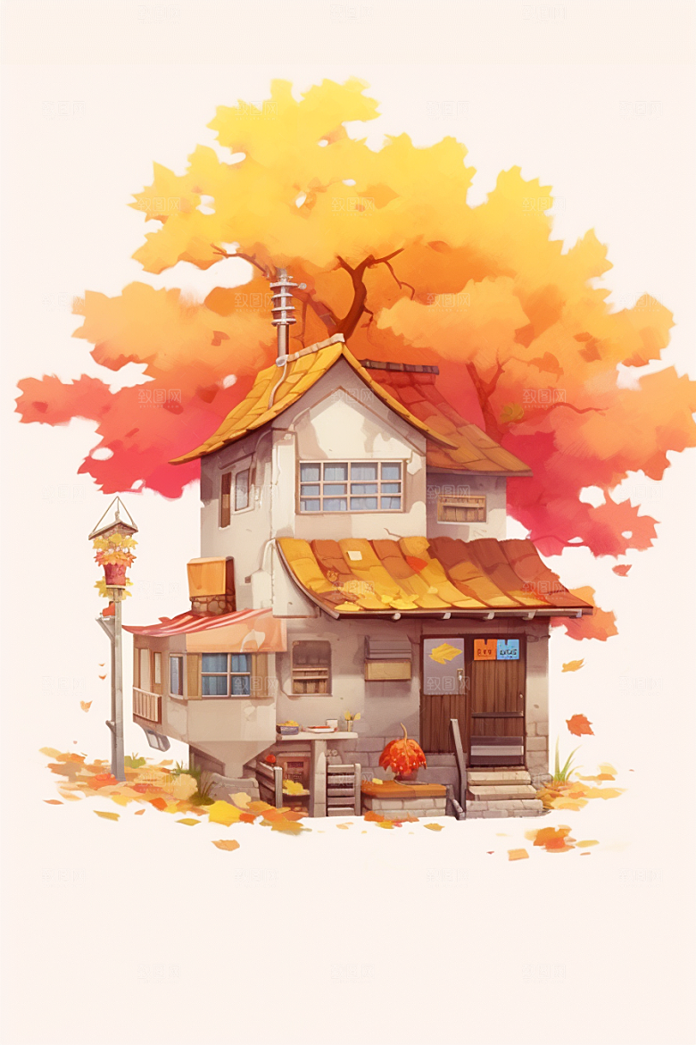 落叶小卖部秋叶小屋插画