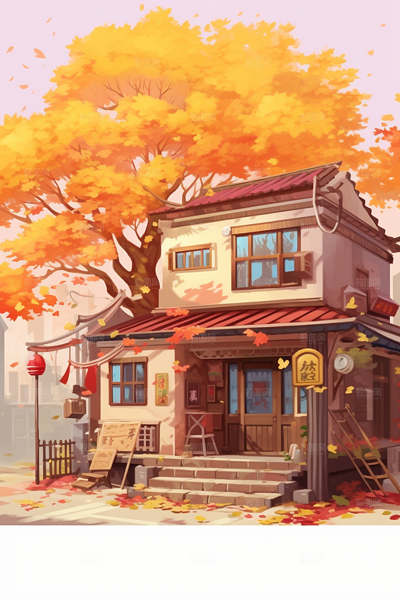 落叶小卖部温馨小店插画