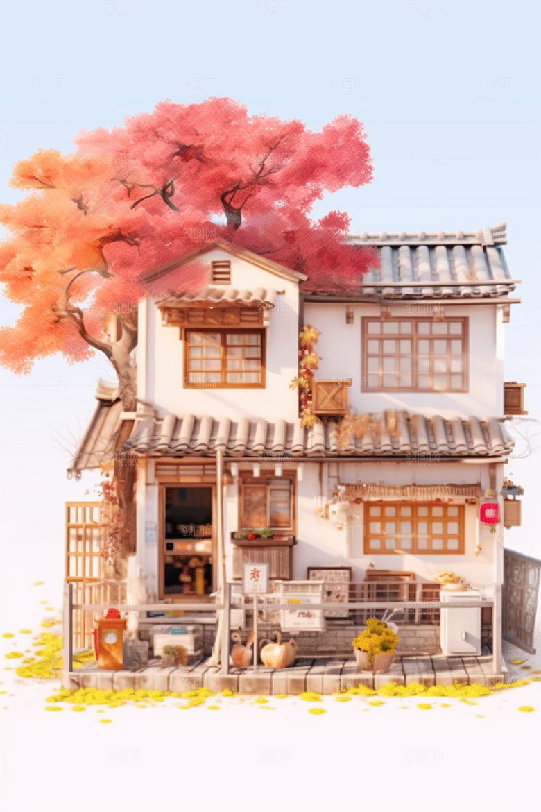 落叶小卖部秋叶秋天插画