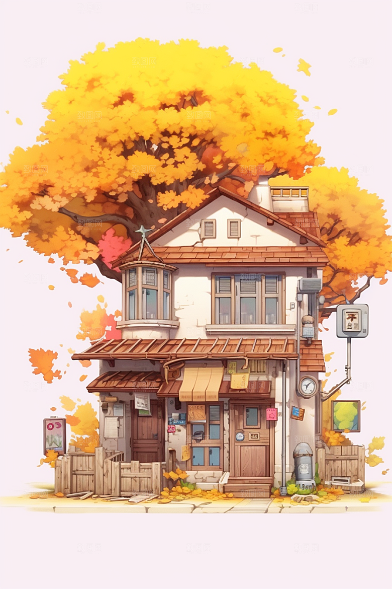 落叶小卖部秋叶秋季插画