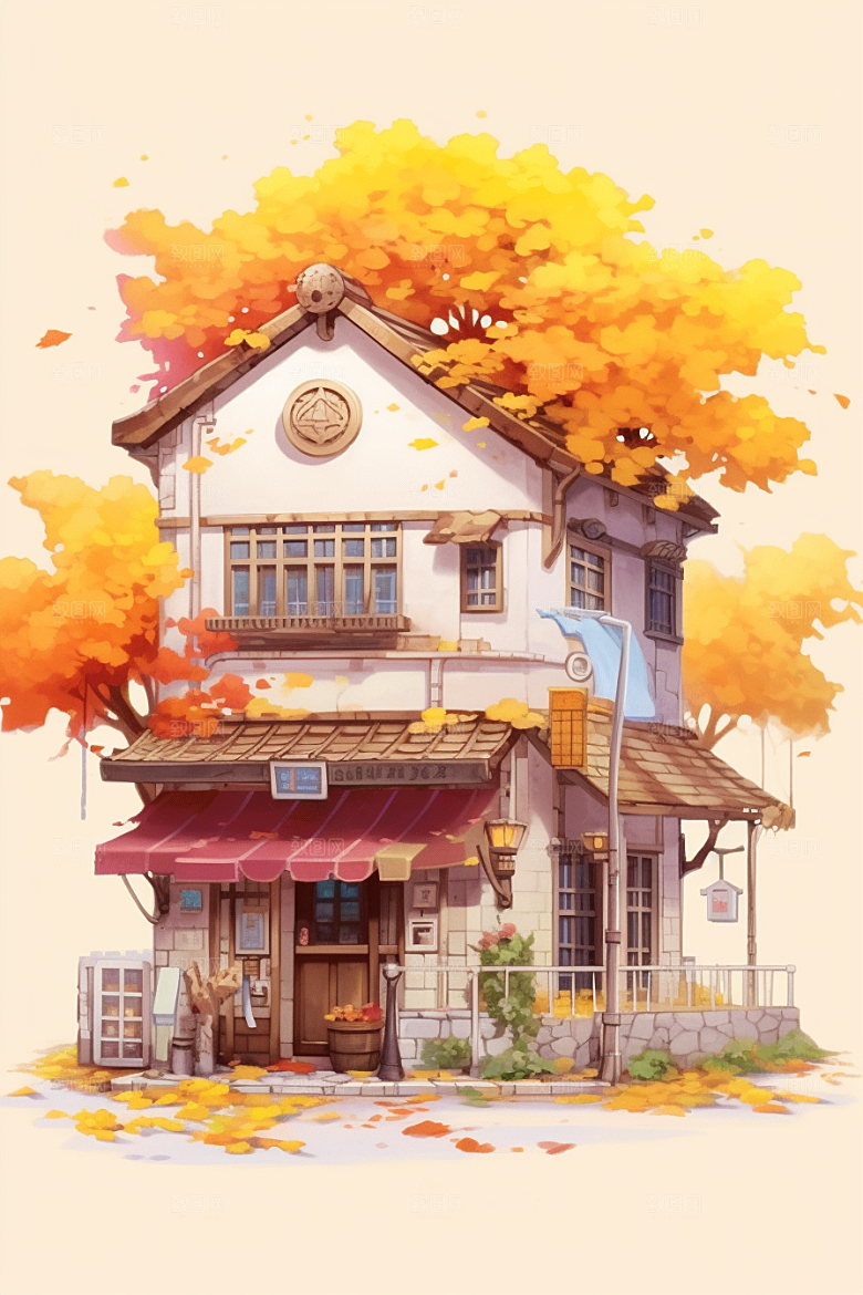落叶小卖部小屋小店插画