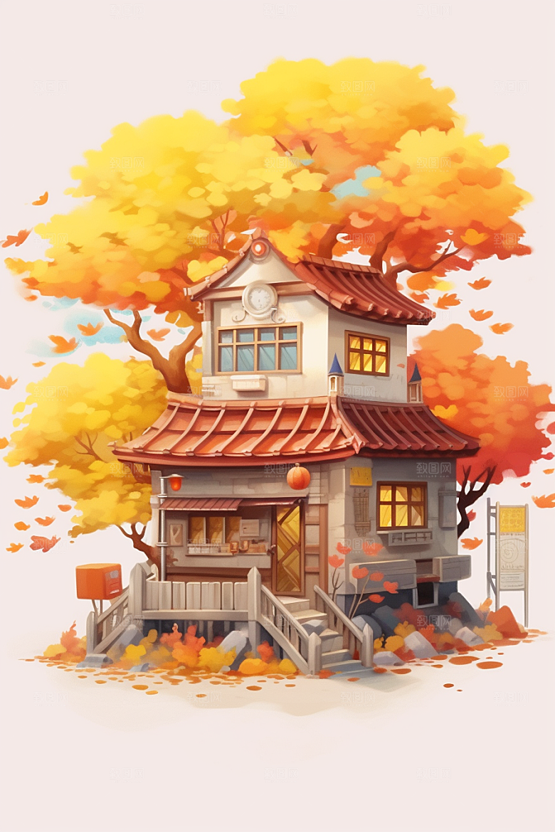落叶小卖部秋叶小屋插画